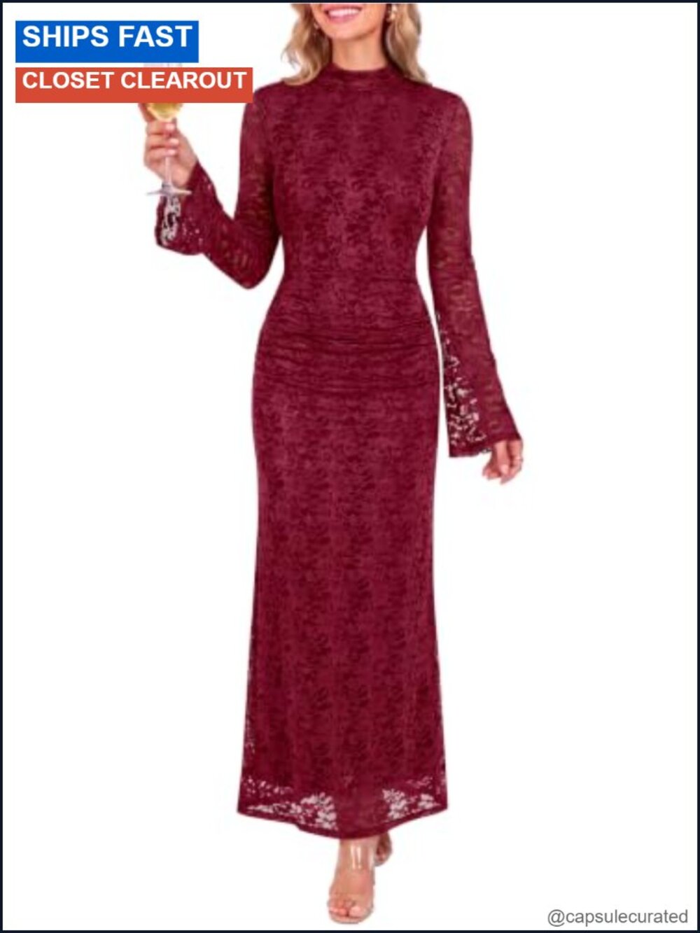 Caracilia Women's Floral Lace Maxi Dress Long Sleeve Bodycon Wedding Guest